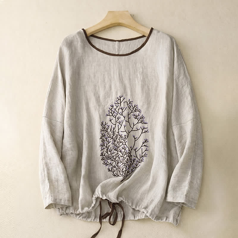 Buddha Stones Spring Fall Casual Embroidery Tree Drawstring Women's Crew Neck Design Cotton Linen Women's Long Sleeve T-Shirt