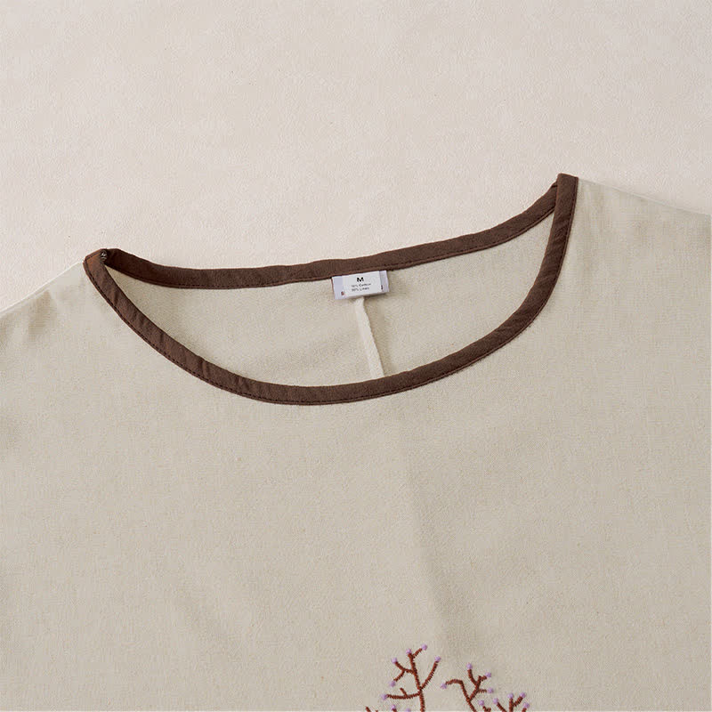 Buddha Stones Spring Fall Casual Embroidery Tree Drawstring Women's Crew Neck Design Cotton Linen Women's Long Sleeve T-Shirt