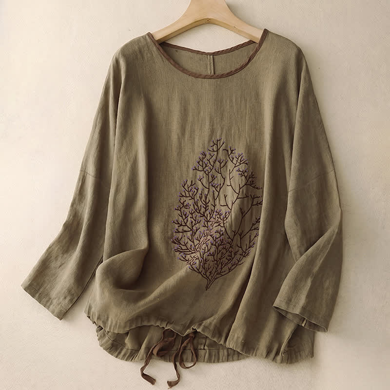 Buddha Stones Spring Fall Casual Embroidery Tree Drawstring Women's Crew Neck Design Cotton Linen Women's Long Sleeve T-Shirt
