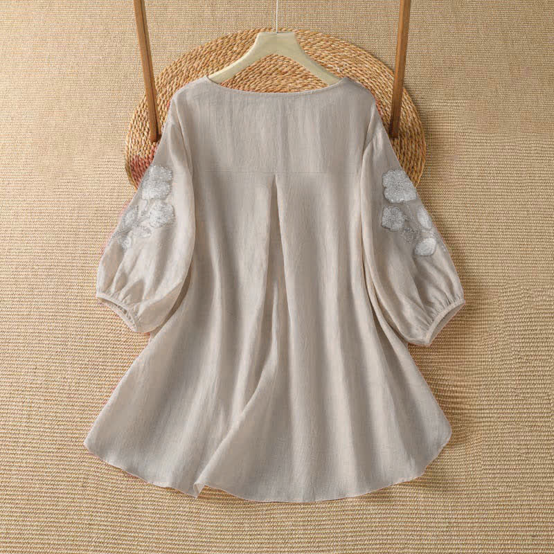 Buddha Stones Summer Casual Elegant Embroidery White Floral Crew Neck Women's Long Sleeve T-Shirt