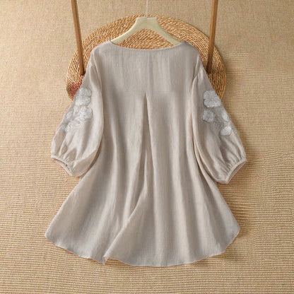 Buddha Stones Summer Casual Elegant Embroidery White Floral Crew Neck Women's Long Sleeve T-Shirt
