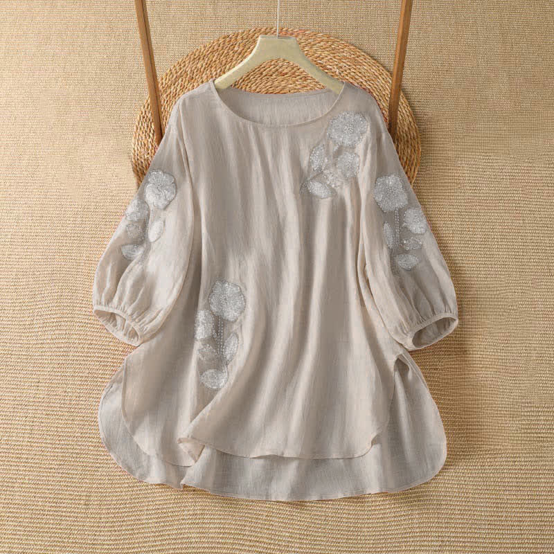 Buddha Stones Summer Casual Elegant Embroidery White Floral Crew Neck Women's Long Sleeve T-Shirt