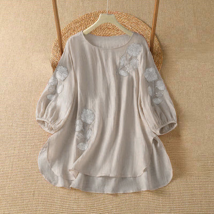 Buddha Stones Summer Casual Elegant Embroidery White Floral Crew Neck Women's Long Sleeve T-Shirt