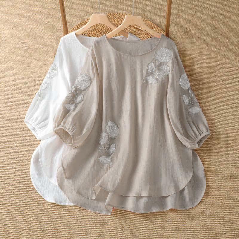 Buddha Stones Summer Casual Elegant Embroidery White Floral Crew Neck Women's Long Sleeve T-Shirt