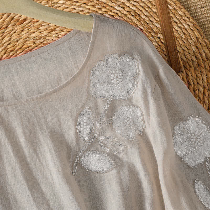 Buddha Stones Summer Casual Elegant Embroidery White Floral Crew Neck Women's Long Sleeve T-Shirt