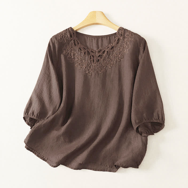 Buddha Stones Spring Summer Casual Vintage Crew Neck Embroidery Solid Women's Three-Quarter Sleeve T-Shirt