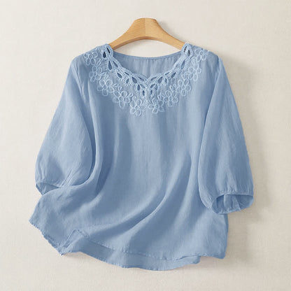 Buddha Stones Spring Summer Casual Vintage Crew Neck Embroidery Solid Women's Three-Quarter Sleeve T-Shirt