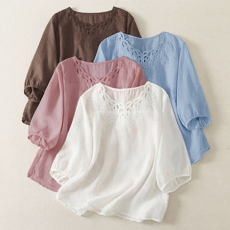 Buddha Stones Spring Summer Casual Vintage Crew Neck Embroidery Solid Women's Three-Quarter Sleeve T-Shirt