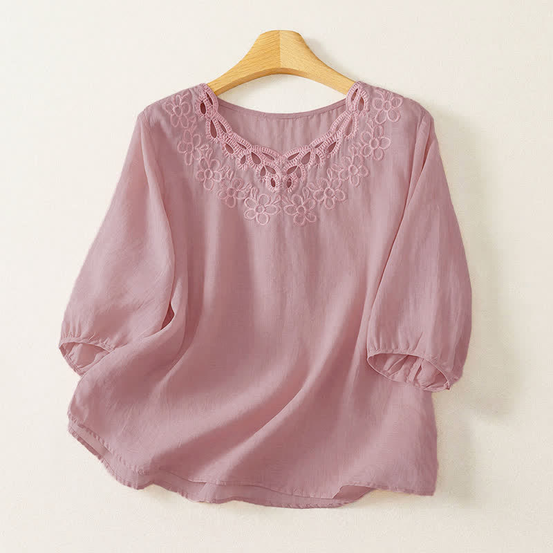 Buddha Stones Spring Summer Casual Vintage Crew Neck Embroidery Solid Women's Three-Quarter Sleeve T-Shirt
