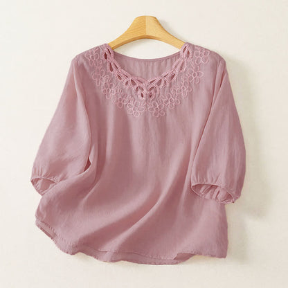 Buddha Stones Spring Summer Casual Vintage Crew Neck Embroidery Solid Women's Three-Quarter Sleeve T-Shirt